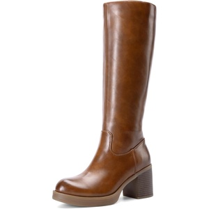 image:imageDREAM PAIRS Womens Knee High Boots Chunky Platform Heel Round Toe Boots for Women Side Zipper Stylish Comfortable Tall BootsBrown