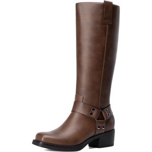 image:imageDREAM PAIRS Womens Knee High Boots Motorcycle Riding Pullon Fashion Long Square Toe Buckle Biker Boots for WomenTan
