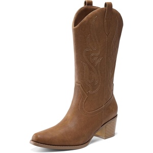image:imageDREAM PAIRS Womens Square Toe Cowboy Mid Calf Western BootsTan