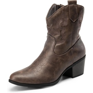 image:imageDREAM PAIRS Womens Western Cowboy Cowgirl Embroidered Ankle Boots Fashion Low chunky Heel Round Toe Fall Short Booties ShoesBrown