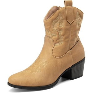 image:imageDREAM PAIRS Womens Western Cowboy Cowgirl Embroidered Ankle Boots Fashion Low chunky Heel Round Toe Fall Short Booties ShoesTan