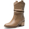 image:imageDREAM PAIRS Womens Modern Western Cowboy Boots Mid Calf Round toe Chunky Heel Cowgirl Country Ankle Boots with Pull On TabsMocha