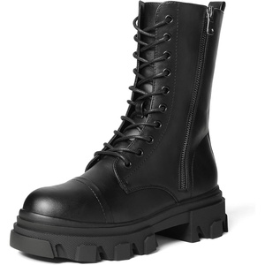 image:imageDREAM PAIRS Womens Combat Boots Lace up Mid Calf Boots Low Heel Chunky Platform Lug Sole Riding BootsBlackPu