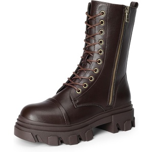 image:imageDREAM PAIRS Womens Combat Boots Lace up Mid Calf Boots Low Heel Chunky Platform Lug Sole Riding BootsBrownpu