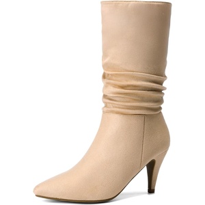 image:imageDREAM PAIRS Womens High Heel Mid Calf Boots Slouchy Pointed Toe Fall BootsNudeK