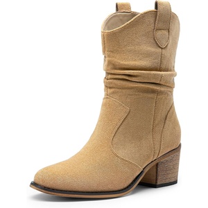 image:imageDREAM PAIRS Womens Modern Western Cowboy Boots Mid Calf Round toe Chunky Heel Cowgirl Country Ankle Boots with Pull On TabsKhakisuede