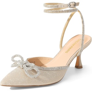 image:imageDREAM PAIRS Kitten Heels Rhinestone Bow Ankle Strap Stiletto Pointed Closed Toe Heels for Women Pumps Wedding Bridal Party Dress ShoesGold