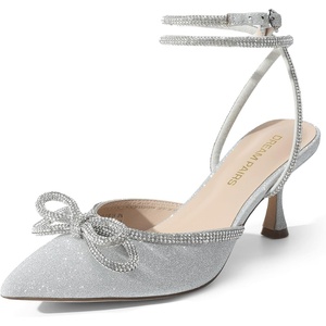 image:imageDREAM PAIRS Kitten Heels Rhinestone Bow Ankle Strap Stiletto Pointed Closed Toe Heels for Women Pumps Wedding Bridal Party Dress ShoesSilver