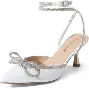 image:imageDREAM PAIRS Kitten Heels Rhinestone Bow Ankle Strap Stiletto Pointed Closed Toe Heels for Women Pumps Wedding Bridal Party Dress ShoesWhite