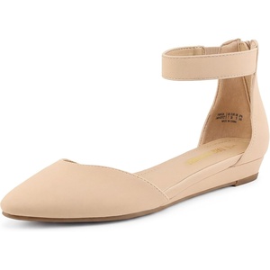 image:imageDREAM PAIRS Womens Low Wedge Pointed Toe Ankle Strap Dress Comfortable Casual Flats Shoes for Prom Party WeddingNudeNubuck