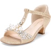 image:imageDREAM PAIRS Girls Sandals Ankle Strap TStrap Low Heel Pearl Bow Flower Pump Dress Wedding Party Shoes for Little KidBig KidGold