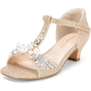image:imageDREAM PAIRS Girls Sandals Ankle Strap TStrap Low Heel Pearl Bow Flower Pump Dress Wedding Party Shoes for Little KidBig KidGold