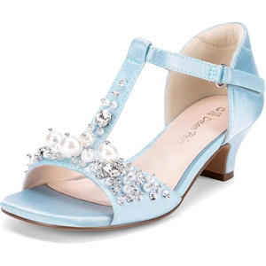 image:imageDREAM PAIRS Girls Sandals Ankle Strap TStrap Low Heel Pearl Bow Flower Pump Dress Wedding Party Shoes for Little KidBig KidLight Blue