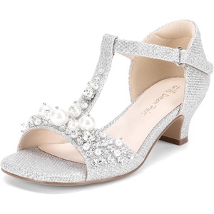 image:imageDREAM PAIRS Girls Sandals Ankle Strap TStrap Low Heel Pearl Bow Flower Pump Dress Wedding Party Shoes for Little KidBig KidSilver