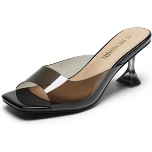 image:imageDREAM PAIRS Womens Clear Heeled Sandals Square Toe Transparent Stiletto Mules Slip on Wedding Dress ShoesAll Blackclear