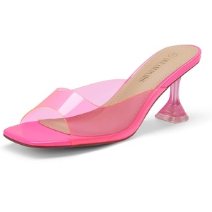 image:imageDREAM PAIRS Womens Clear Heeled Sandals Square Toe Transparent Stiletto Mules Slip on Wedding Dress ShoesNeon PinkClear