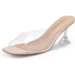 image:imageDREAM PAIRS Womens Clear Heeled Sandals Square Toe Transparent Stiletto Mules Slip on Wedding Dress ShoesNudeClear