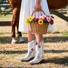 image:imageDREAM PAIRS Girls Cowboy Cowgirl Boots Floral Embroidered Western Square Toe Mid Calf Toddler Little Big Kid for Birthday Party ConcertSilver