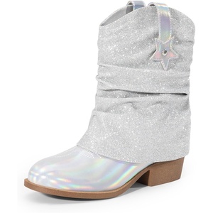 image:imageDREAM PAIRS Girls Cowboy Cowgirl Boots 2in1 Western Removable Cuff Fold Over Embroidered Fashion Mid Calf ShoesSilver