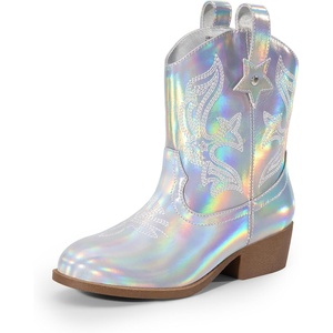 image:imageDREAM PAIRS Girls Cowgirl Boots Cowboy Boots with Low Heel Western Embroidered Fashion Mid Calf Shoes for ToddlerLittle KidBig KidSilver