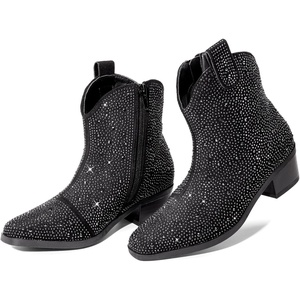 image:imageDREAM PAIRS Girls Cowgirl Cowboy Rhinestone Boots Ankle Low Heel Dress BootiesBlack