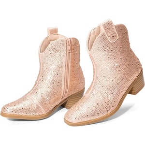 image:imageDREAM PAIRS Girls Cowgirl Cowboy Rhinestone Boots Ankle Low Heel Dress BootiesChampagne