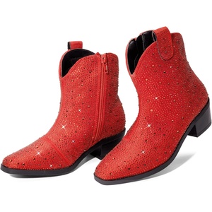 image:imageDREAM PAIRS Girls Cowgirl Cowboy Rhinestone Boots Ankle Low Heel Dress BootiesRed
