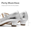 image:imageDream Pairs Girls Dress Shoes Mary Jane High Heel Round Toe Straps Pumps Flower Wedding Party Princess Flats for LittleBig KidsSilver