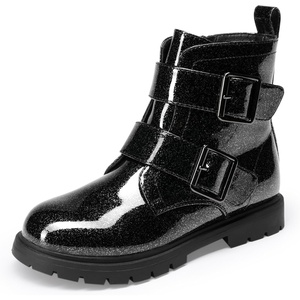 image:imageDREAM PAIRS Girls Boys Glitter Ankle Boots Side Zipper Combat Shoes with Buckles ToddlerLittle KidBig KidBlack