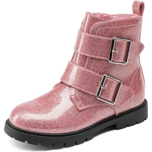 image:imageDREAM PAIRS Girls Boys Glitter Ankle Boots Side Zipper Combat Shoes with Buckles ToddlerLittle KidBig KidPink