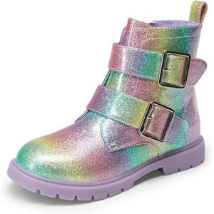 image:imageDREAM PAIRS Girls Boys Glitter Ankle Boots Side Zipper Combat Shoes with Buckles ToddlerLittle KidBig KidRainbow
