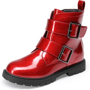 image:imageDREAM PAIRS Girls Boys Glitter Ankle Boots Side Zipper Combat Shoes with Buckles ToddlerLittle KidBig KidRed