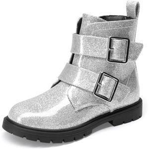 image:imageDREAM PAIRS Girls Boys Glitter Ankle Boots Side Zipper Combat Shoes with Buckles ToddlerLittle KidBig KidSilver