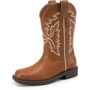 image:imageDREAM PAIRS Boys Girls Cowboy Boots Toddler Mid Calf Western Boots Square Toe Riding Boots for KidsBrown