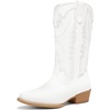 image:imageDREAM PAIRS Cowboy Boots for Women Cowgirl Western Mid Calf Boots Snip Toe Embroidered Stitched Low Chunky Heel Pull On Fashion BootsWhite