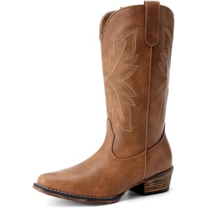 image:imageDREAM PAIRS Cowboy Boots for Women Cowgirl Western Mid Calf Boots Snip Toe Embroidered Stitched Low Chunky Heel Pull On Fashion BootsBrown