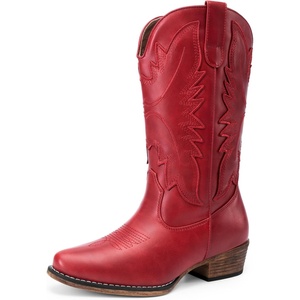 image:imageDREAM PAIRS Cowboy Boots for Women Cowgirl Western Mid Calf Boots Snip Toe Embroidered Stitched Low Chunky Heel Pull On Fashion BootsRed