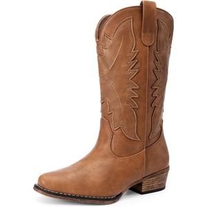 image:imageDREAM PAIRS Cowboy Boots for Women Cowgirl Western Mid Calf Boots Snip Toe Embroidered Stitched Low Chunky Heel Pull On Fashion BootsTan