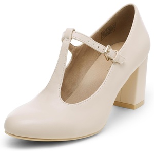 image:imageDREAM PAIRS Low Chunky Heels for Women TStrap Mary Jane Pumps Wedding Dress ShoesNudePu