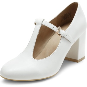 image:imageDREAM PAIRS Low Chunky Heels for Women TStrap Mary Jane Pumps Wedding Dress ShoesWhitePu