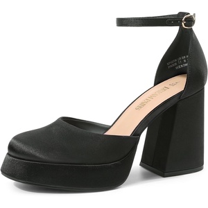 image:imageDREAM PAIRS Womens Chunky Platform High Heels Closed Toe Block Ankle Strap Dress Wedding Party Pumps ShoesBlacksatin