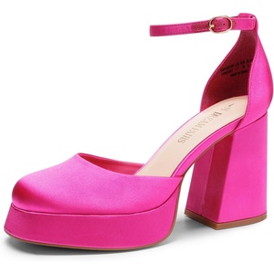 image:imageDREAM PAIRS Womens Chunky Platform High Heels Closed Toe Block Ankle Strap Dress Wedding Party Pumps ShoesHot Pinksatin
