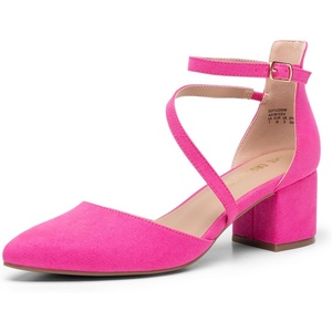 image:imageDREAM PAIRS Womens Closed Pointed Toe Low Chunky Heels Pumps Ankle Strap Wedding Business Dressy ShoesHot Pinksuede