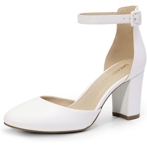 image:imageDREAM PAIRS Womens Closed Toe Chunky Heels Ankle Strap Low Block Heels Round Toe Dress Bridal Wedding Pumps ShoesWhitepu