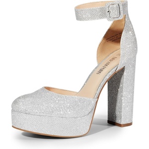 image:imageDREAM PAIRS Womens Platform High Chunky Heels Closed Toe Block Ankle Strap Dress Buckle Round Toe Wedding Party Comfortable Pumps ShoesSilverglitter