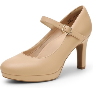 image:imageDREAM PAIRS Womens Pumps Close Toe Classic High Heels Round Toe Comfortable Low Platform Mary Jane Dress ShoesNude
