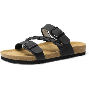image:imageDREAM PAIRS Womens Slides Soft Cork Footbed Sandals Comfortable Walking Slipon Flat Sandals Arch Support Adjustable Buckle Braided Straps SlippersBlack
