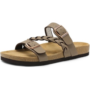 image:imageDREAM PAIRS Womens Slides Soft Cork Footbed Sandals Comfortable Walking Slipon Flat Sandals Arch Support Adjustable Buckle Braided Straps SlippersBrown