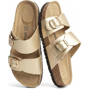 image:imageDREAM PAIRS Womens Slides Soft Genuine Footbed Sandals Comfortable Adjustable Double Buckle Slipon Flat Sandals with Arch Support Frame Dual Slippers for Summer 2026Gold