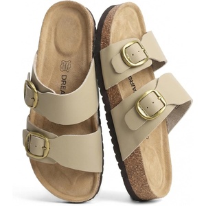 image:imageDREAM PAIRS Womens Slides Soft Genuine Footbed Sandals Comfortable Adjustable Double Buckle Slipon Flat Sandals with Arch Support Frame Dual Slippers for Summer 2026Taupe